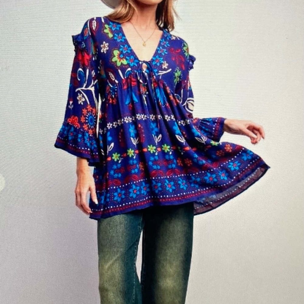 Easel Rayon Gauze V-neck Blue Purple Printed Babydoll Tunic